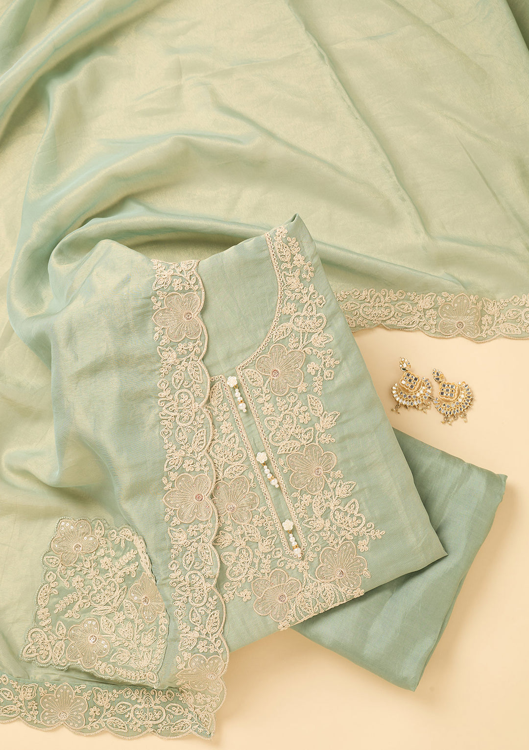 Sea Green Tissue Cording Unstitched Dress Material With Matching Bottom And Dupatta