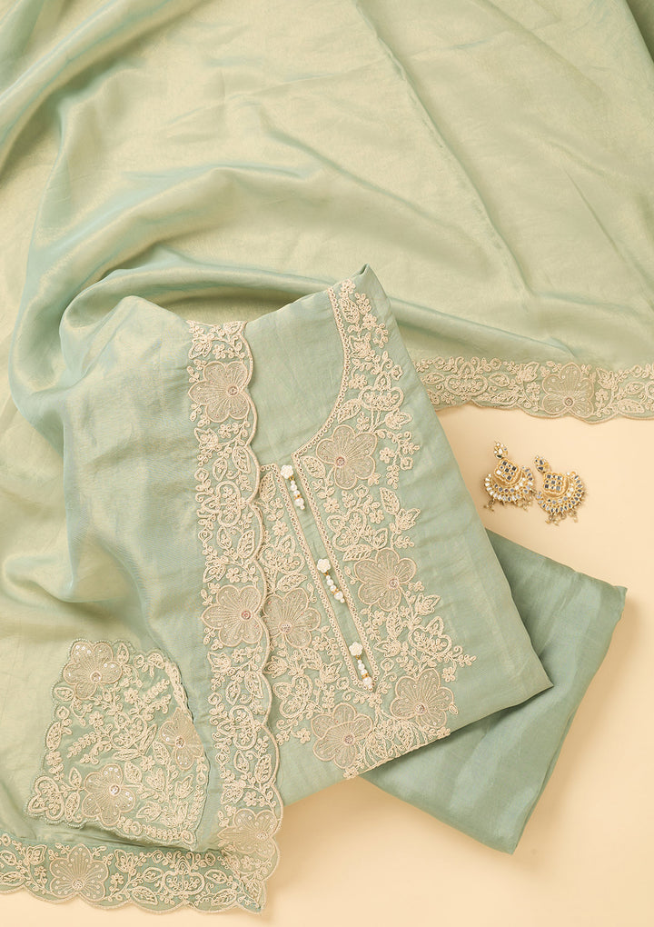 Sea Green Tissue Cording Unstitched Dress Material With Matching Bottom And Dupatta