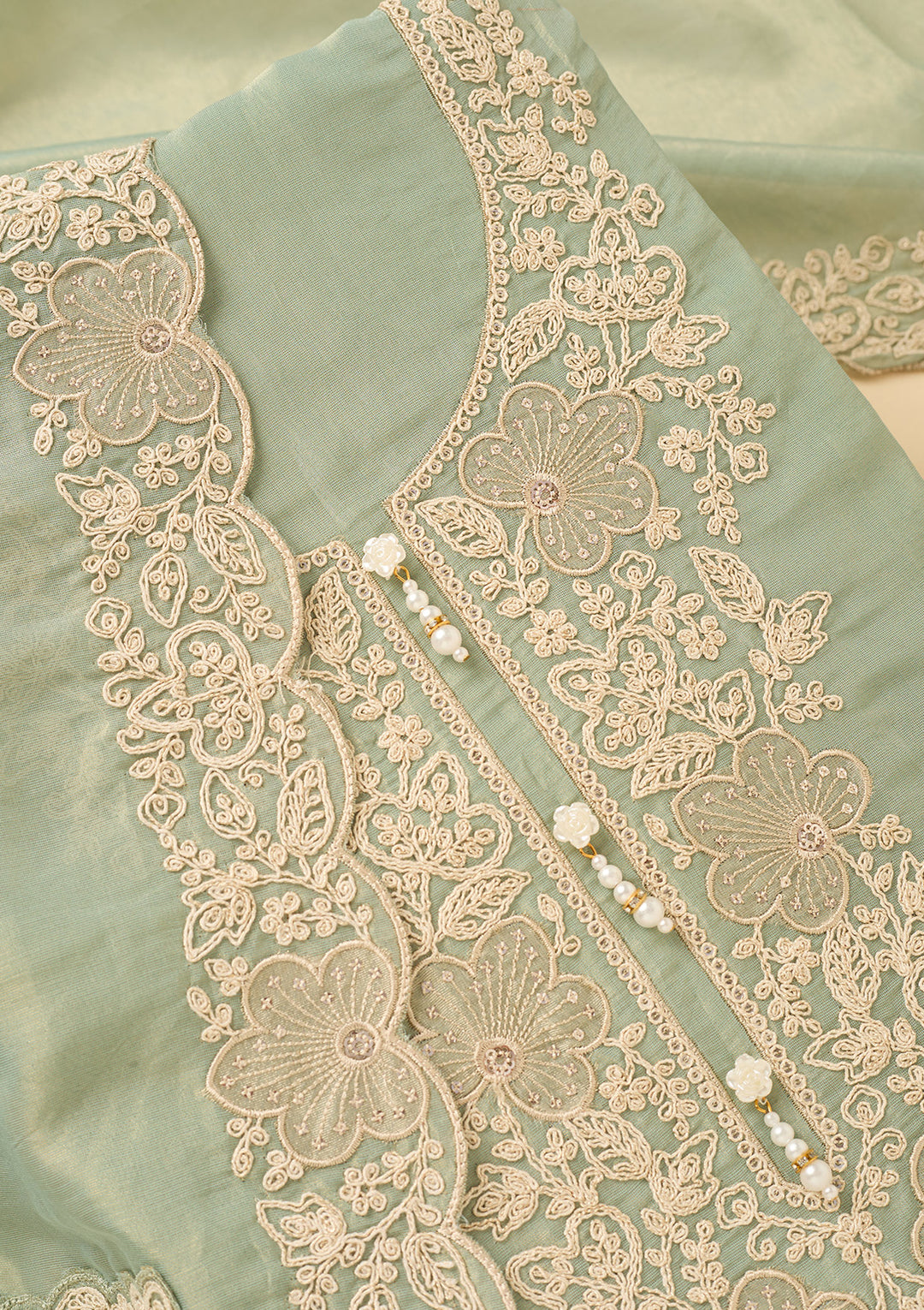 Sea Green Tissue Cording Unstitched Dress Material With Matching Bottom And Dupatta