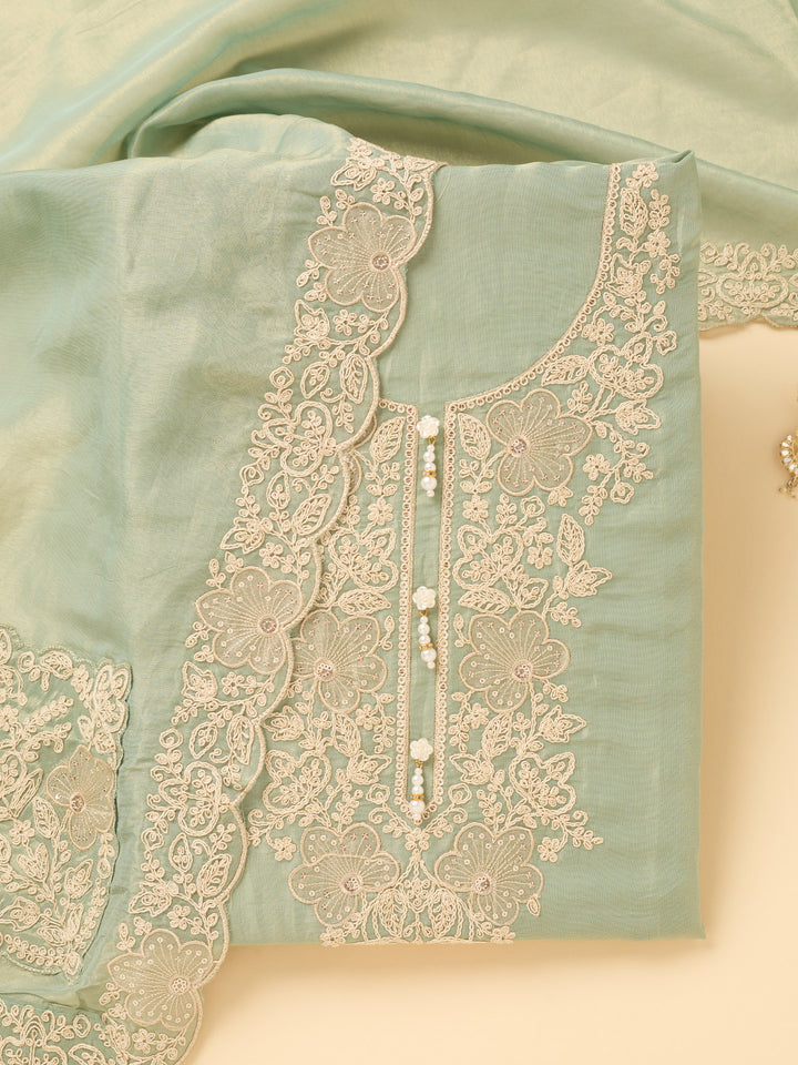 Sea Green Tissue Cording Unstitched Dress Material With Matching Bottom And Dupatta