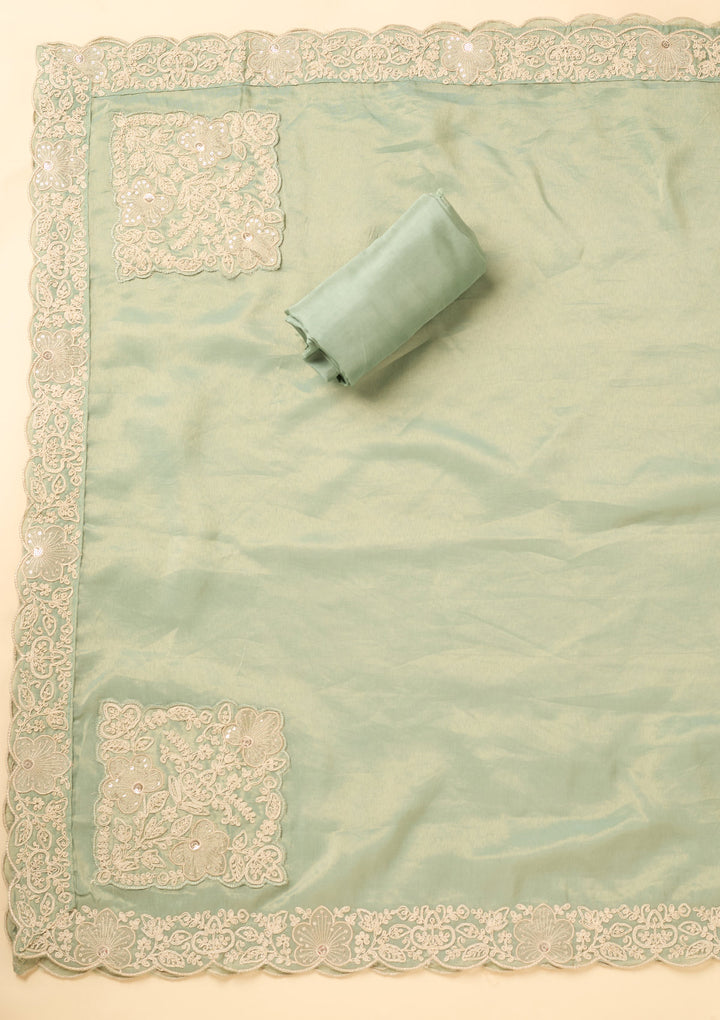 Sea Green Tissue Cording Unstitched Dress Material With Matching Bottom And Dupatta