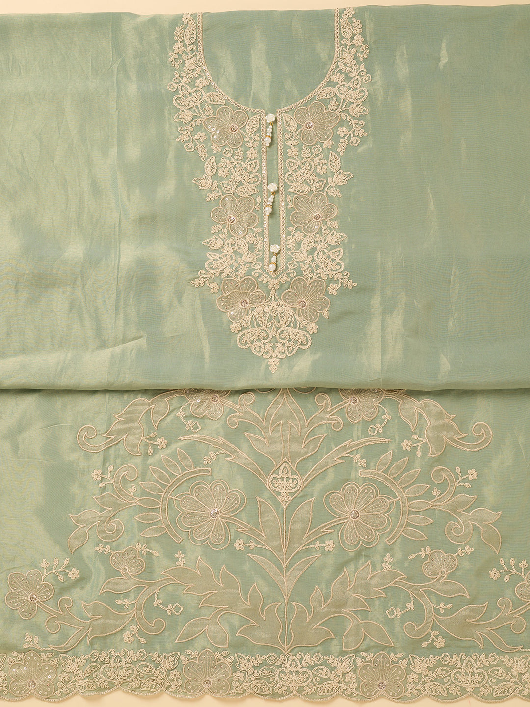 Sea Green Tissue Cording Unstitched Dress Material With Matching Bottom And Dupatta