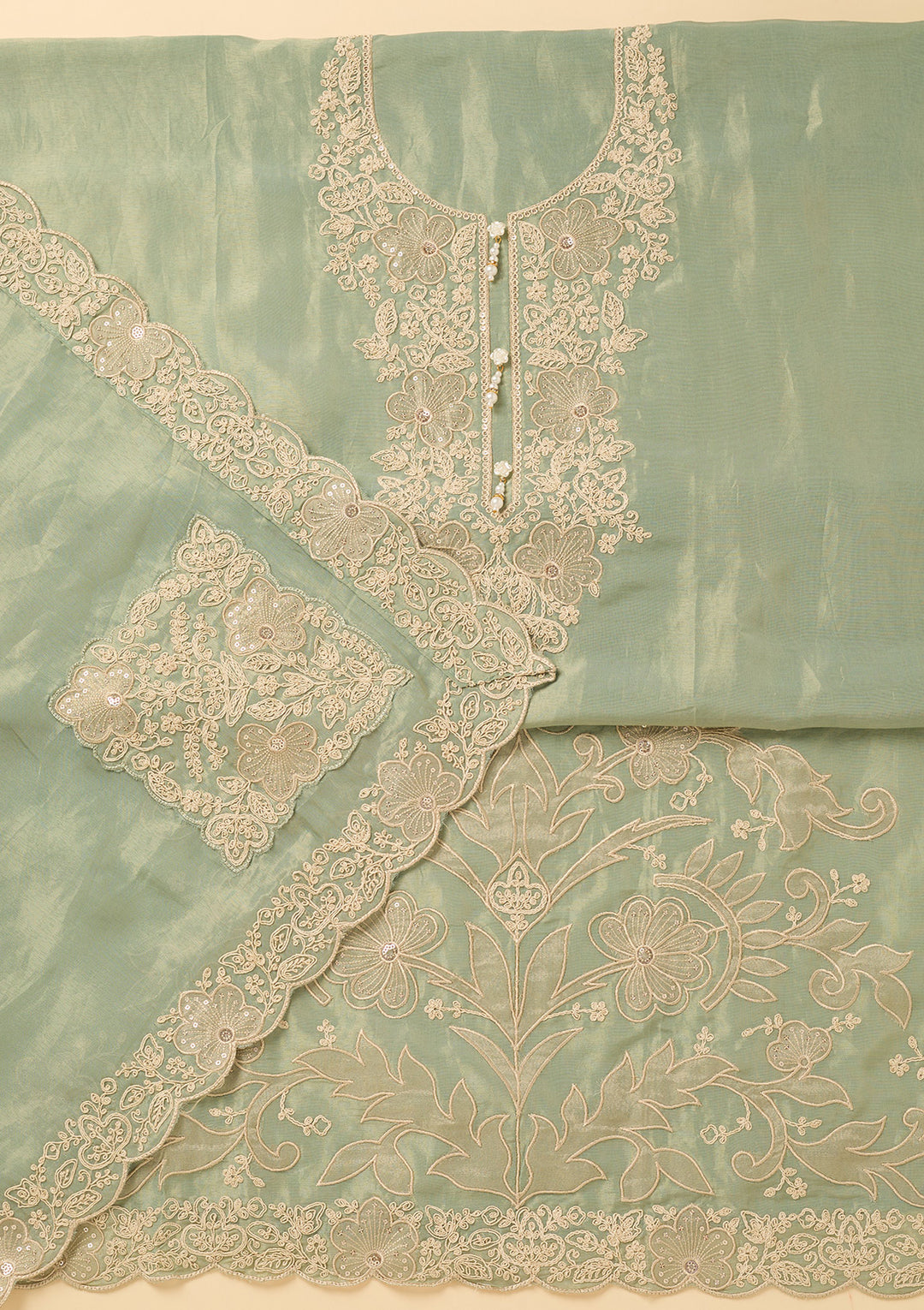 Sea Green Tissue Cording Unstitched Dress Material With Matching Bottom And Dupatta