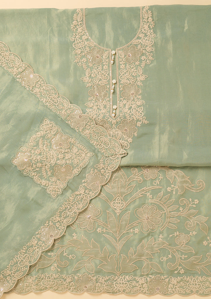 Sea Green Tissue Cording Unstitched Dress Material With Matching Bottom And Dupatta