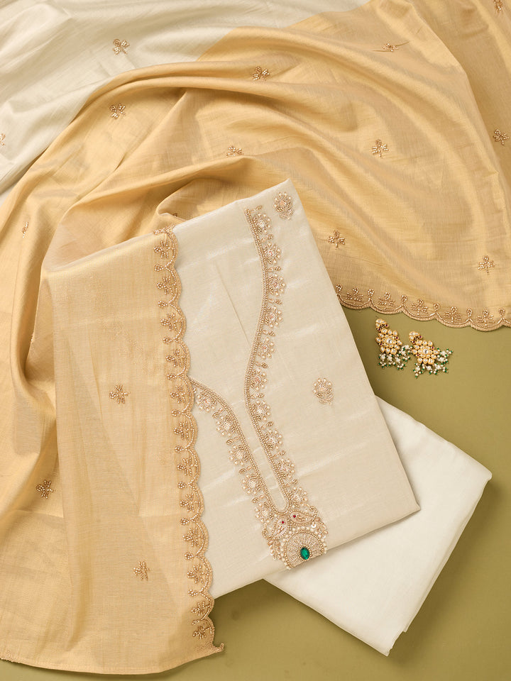 Off White Gold Tissue Gold Zariwork Unstitched Dress Material With Matching Bottom And Dupatta