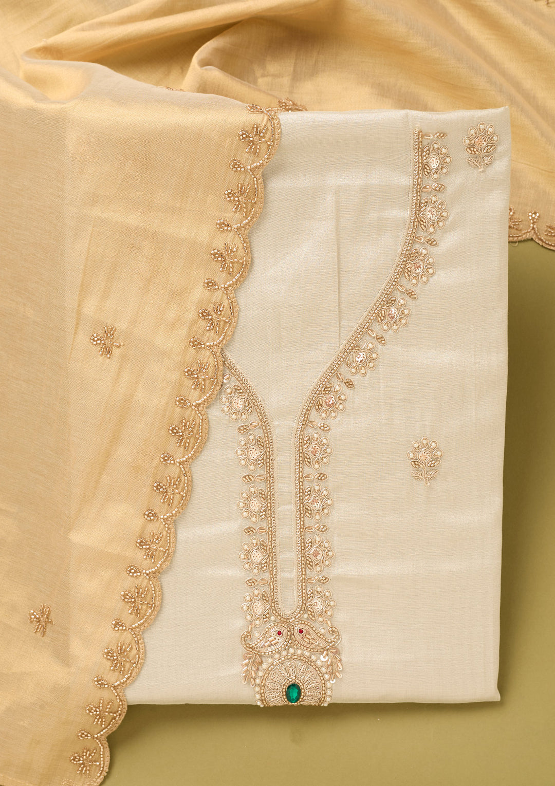 Off White Gold Tissue Gold Zariwork Unstitched Dress Material With Matching Bottom And Dupatta