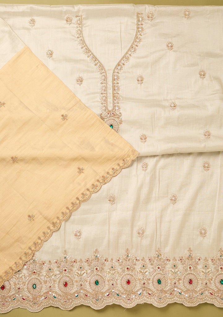 Off White Gold Tissue Gold Zariwork Unstitched Dress Material With Matching Bottom And Dupatta
