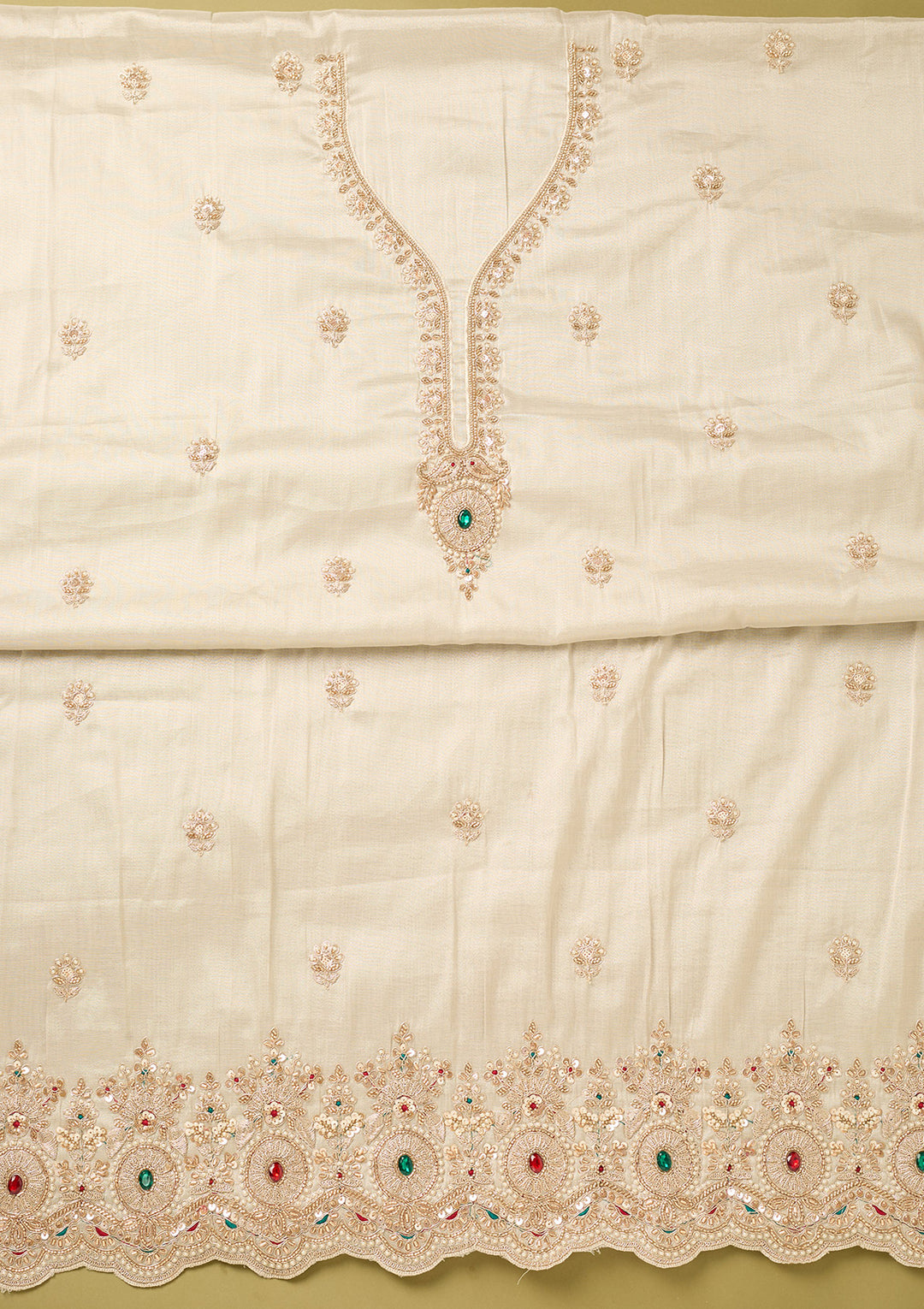 Off White Gold Tissue Gold Zariwork Unstitched Dress Material With Matching Bottom And Dupatta