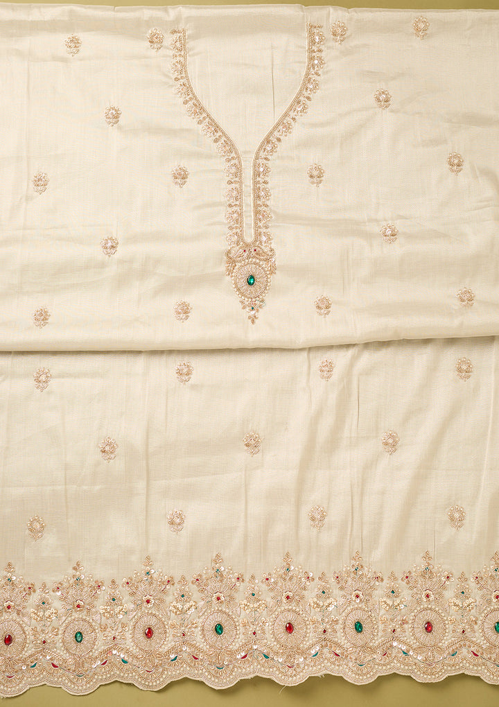 Off White Gold Tissue Gold Zariwork Unstitched Dress Material With Matching Bottom And Dupatta