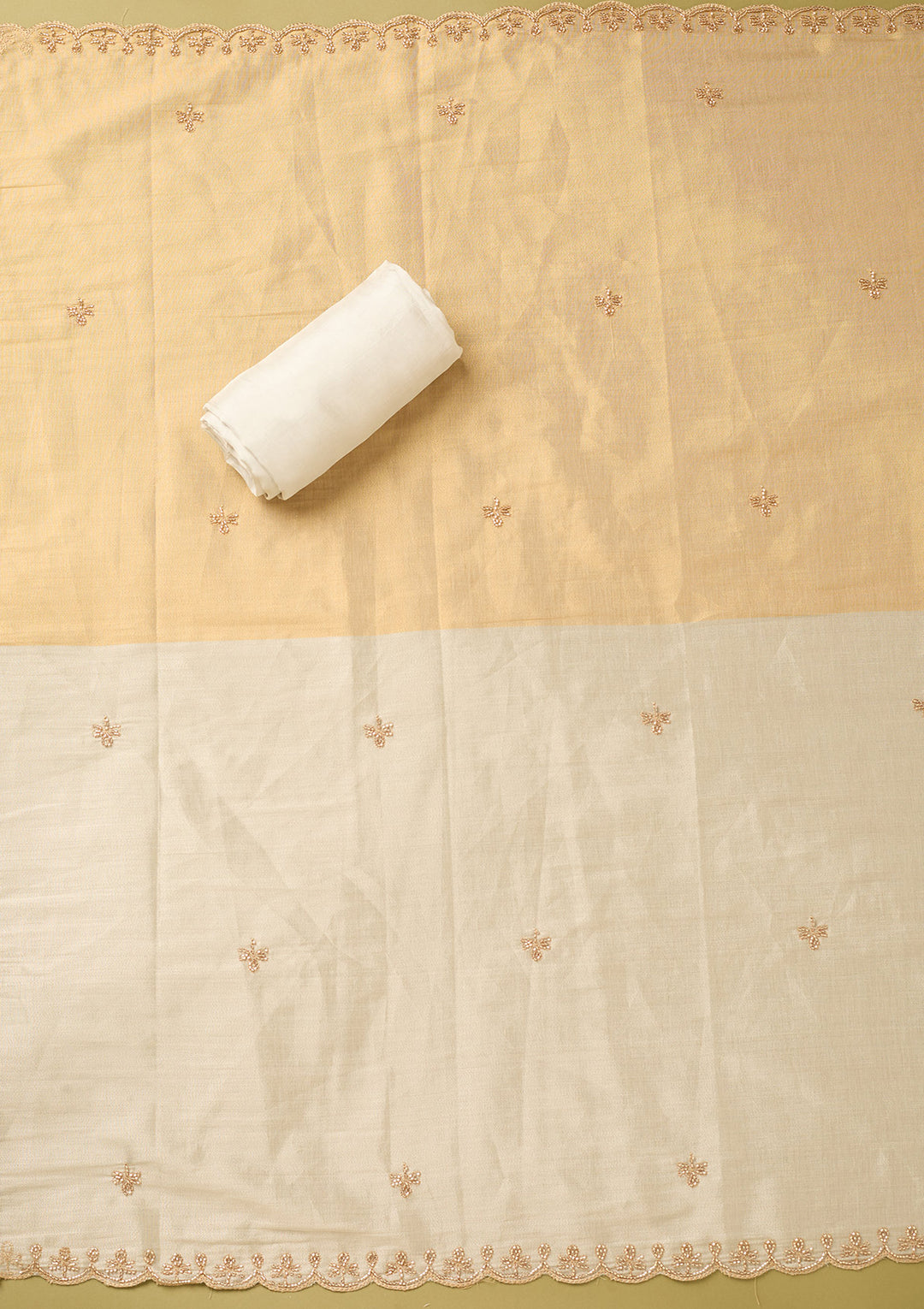 Off White Gold Tissue Gold Zariwork Unstitched Dress Material With Matching Bottom And Dupatta