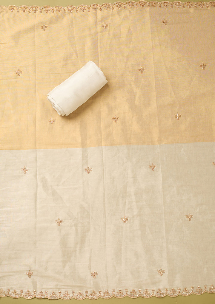 Off White Gold Tissue Gold Zariwork Unstitched Dress Material With Matching Bottom And Dupatta