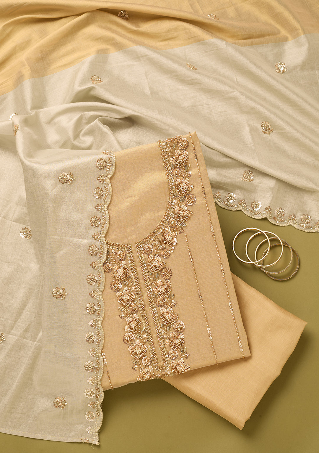 Gold Tissue Cutdana Unstitched Dress Material With Matching Bottom And Dupatta