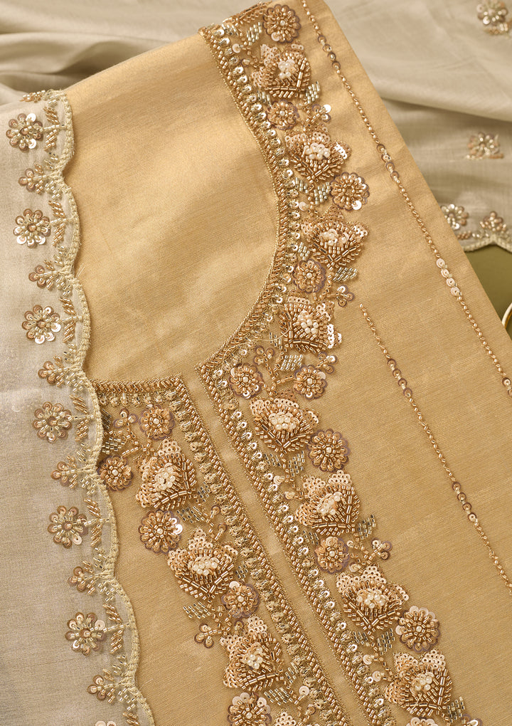 Gold Tissue Cutdana Unstitched Dress Material With Matching Bottom And Dupatta
