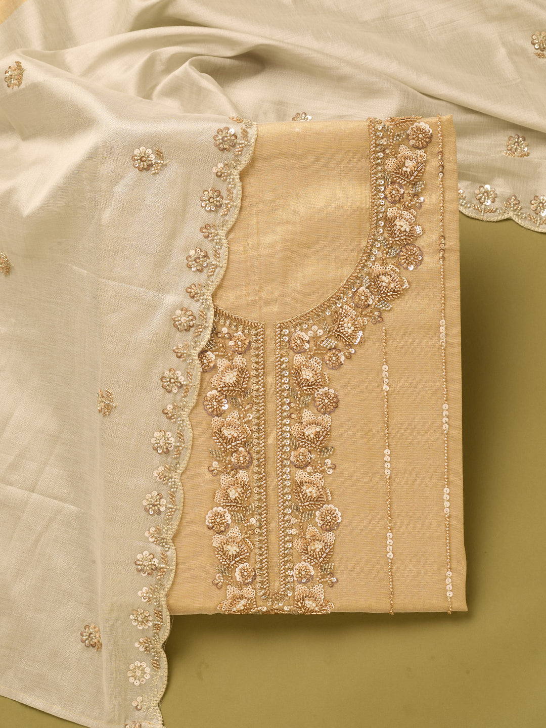 Gold Tissue Cutdana Unstitched Dress Material With Matching Bottom And Dupatta