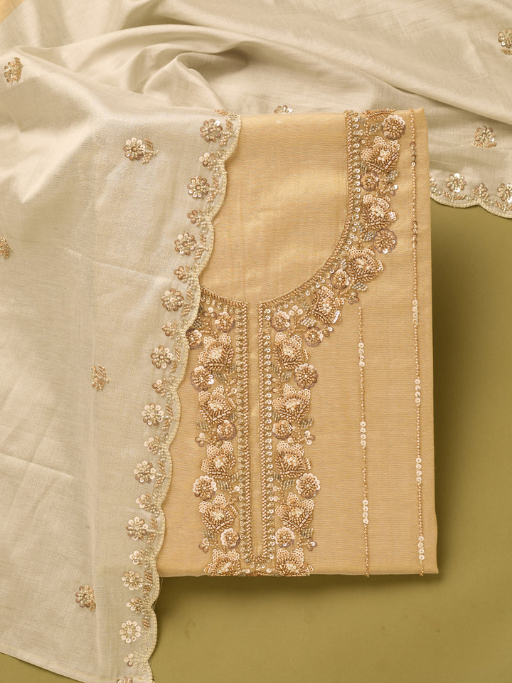 Gold Tissue Cutdana Unstitched Dress Material With Matching Bottom And Dupatta