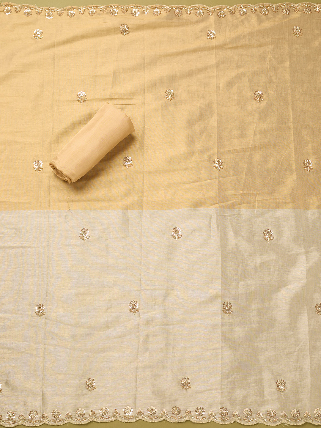 Gold Tissue Cutdana Unstitched Dress Material With Matching Bottom And Dupatta