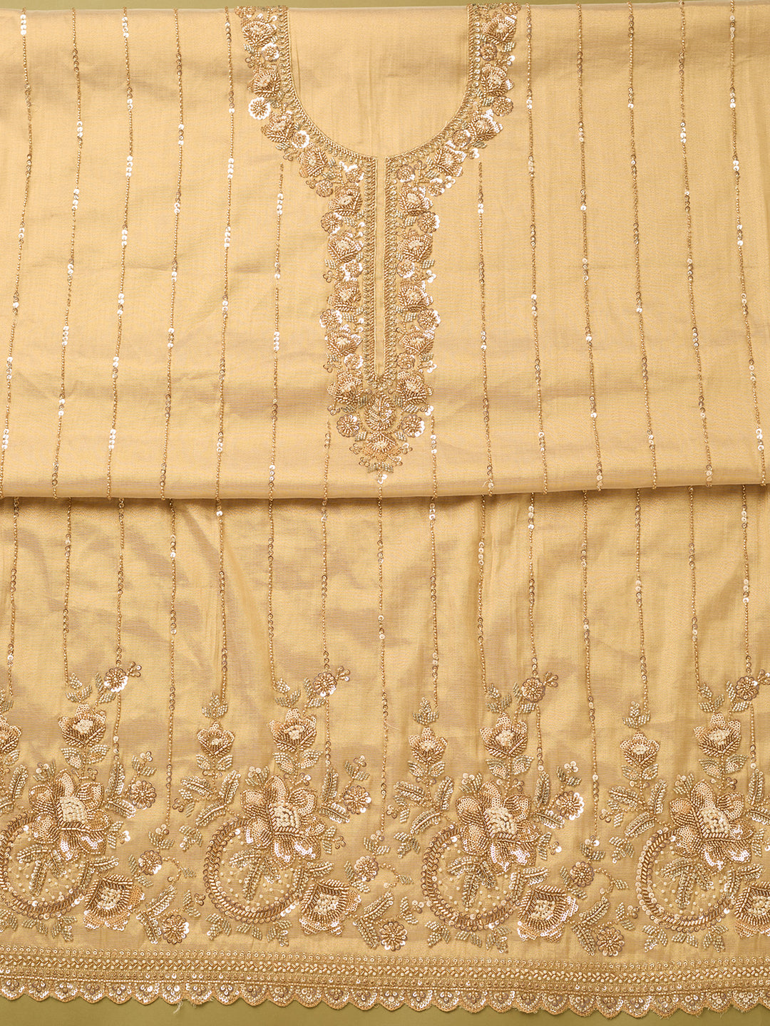 Gold Tissue Cutdana Unstitched Dress Material With Matching Bottom And Dupatta