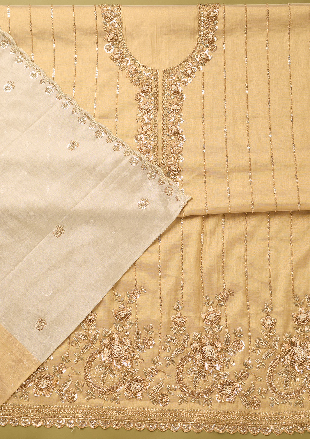 Gold Tissue Cutdana Unstitched Dress Material With Matching Bottom And Dupatta