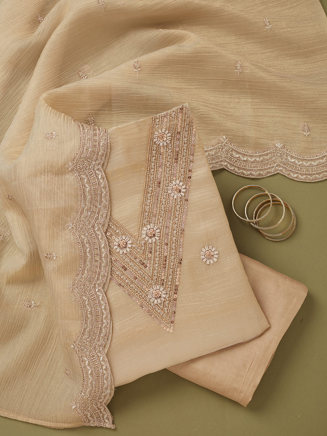Beige Tissue Cutdana Unstitched Dress Material With Matching Bottom And Dupatta