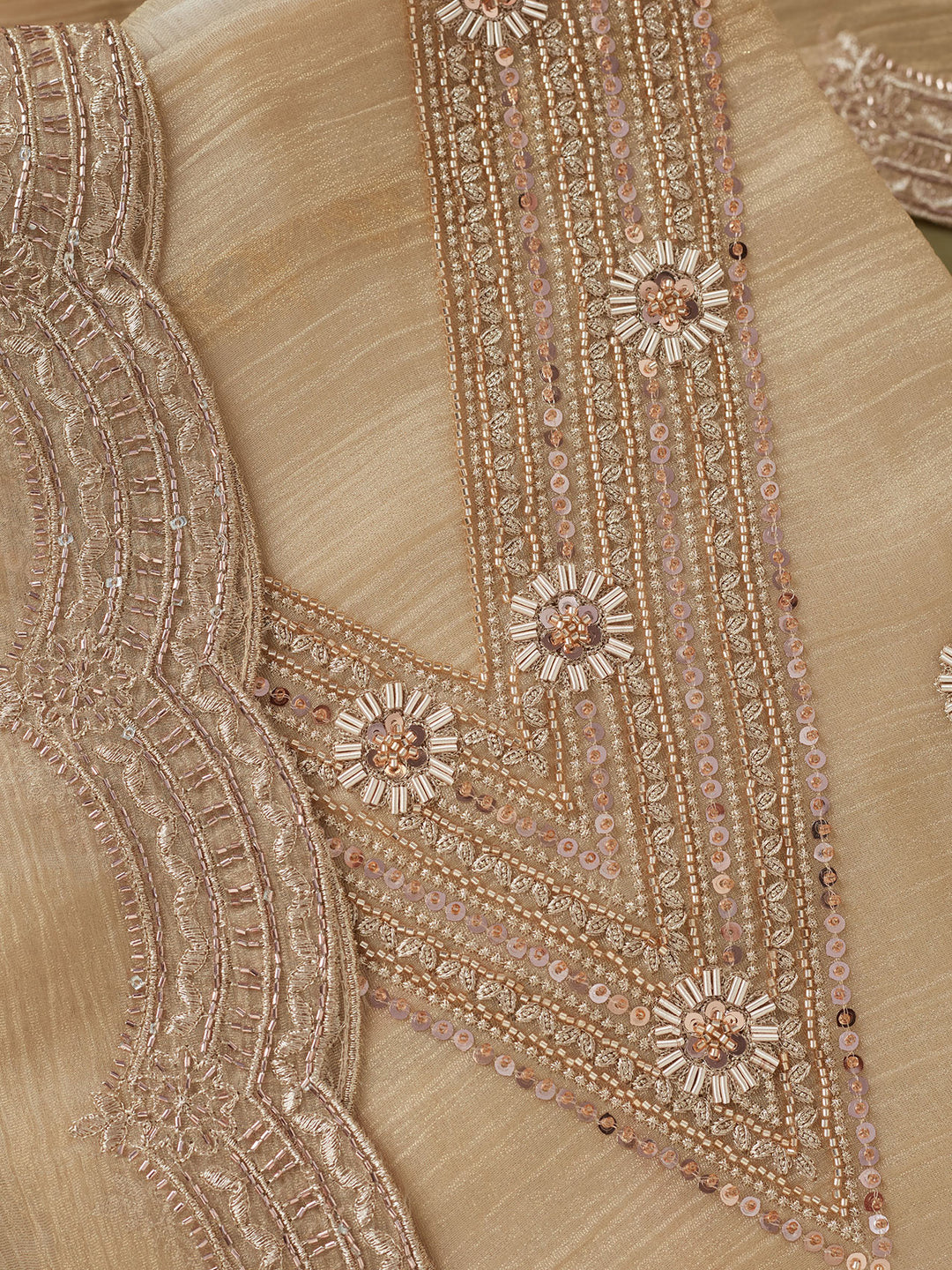 Beige Tissue Cutdana Unstitched Dress Material With Matching Bottom And Dupatta