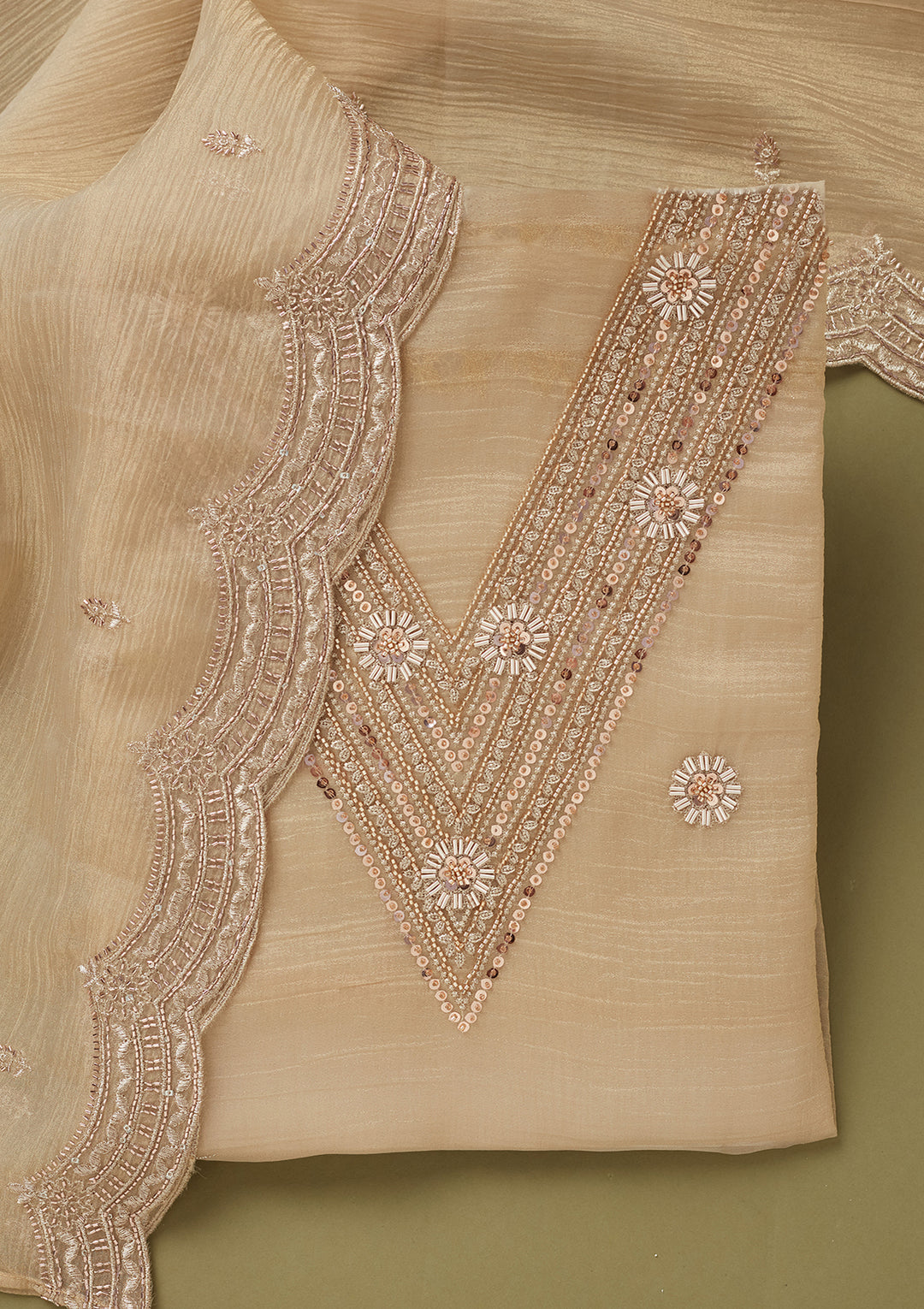 Beige Tissue Cutdana Unstitched Dress Material With Matching Bottom And Dupatta