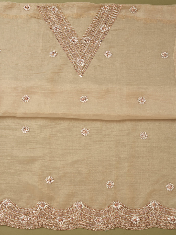 Beige Tissue Cutdana Unstitched Dress Material With Matching Bottom And Dupatta
