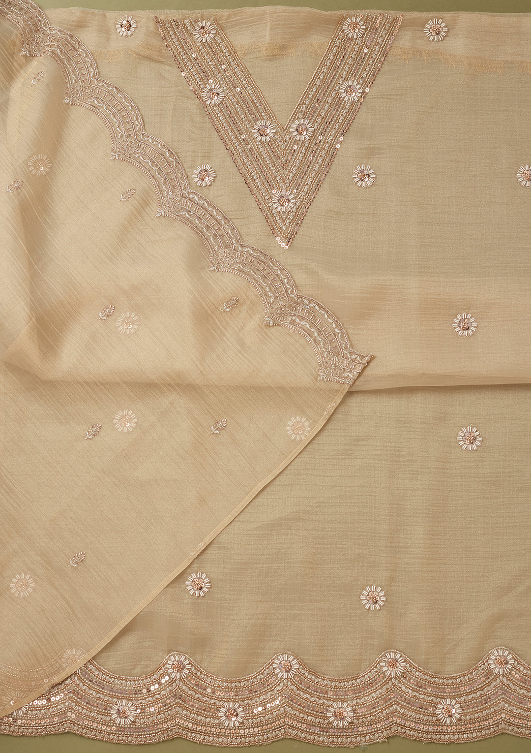 Beige Tissue Cutdana Unstitched Dress Material With Matching Bottom And Dupatta