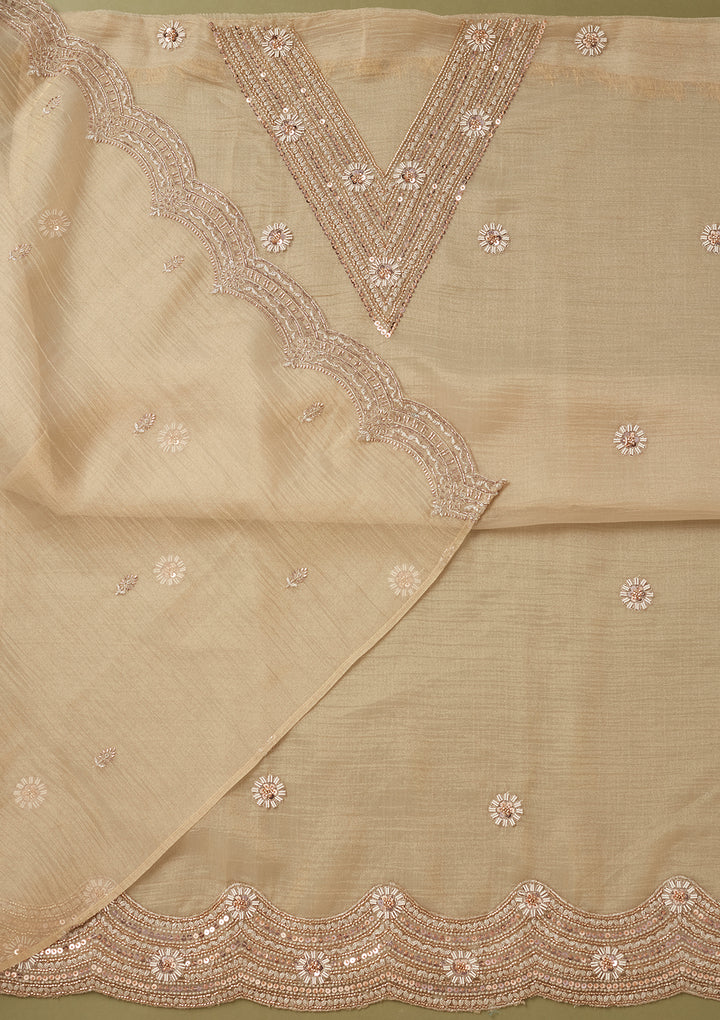 Beige Tissue Cutdana Unstitched Dress Material With Matching Bottom And Dupatta