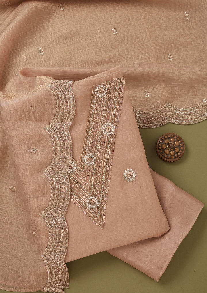 Peach Tissue Cutdana Unstitched Dress Material With Matching Bottom And Dupatta