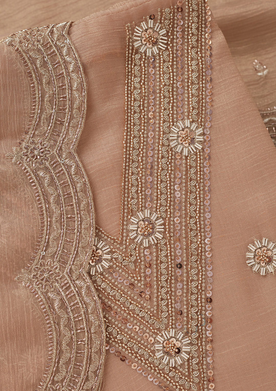 Peach Tissue Cutdana Unstitched Dress Material With Matching Bottom And Dupatta