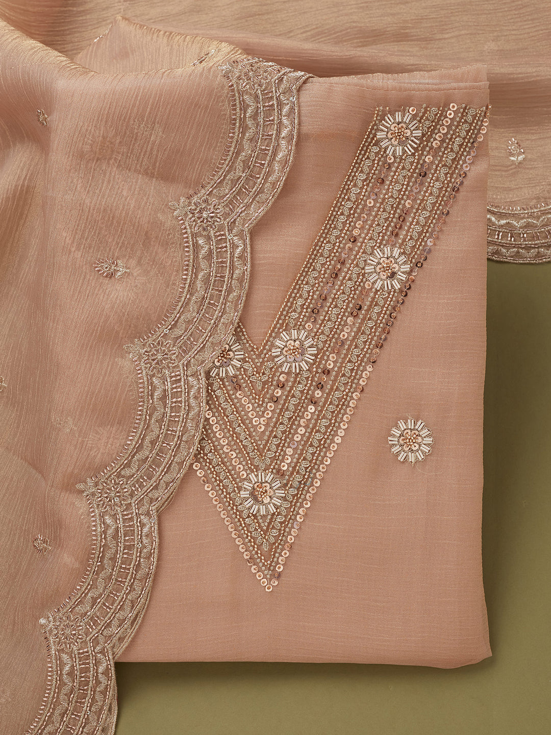 Peach Tissue Cutdana Unstitched Dress Material With Matching Bottom And Dupatta