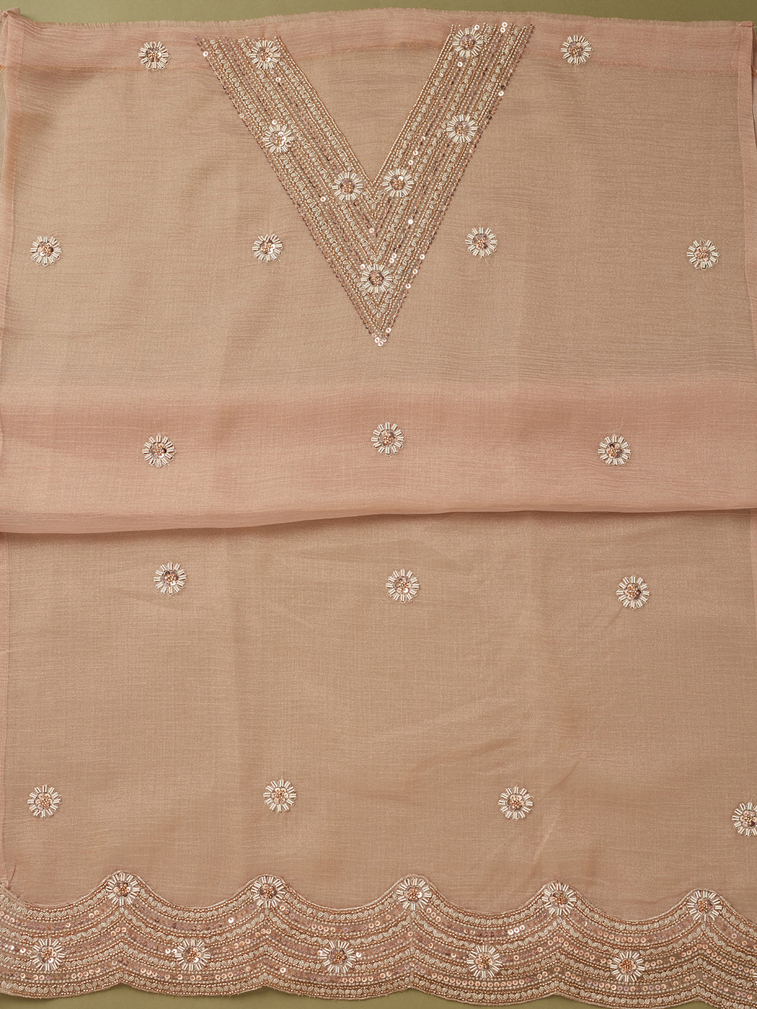 Peach Tissue Cutdana Unstitched Dress Material With Matching Bottom And Dupatta