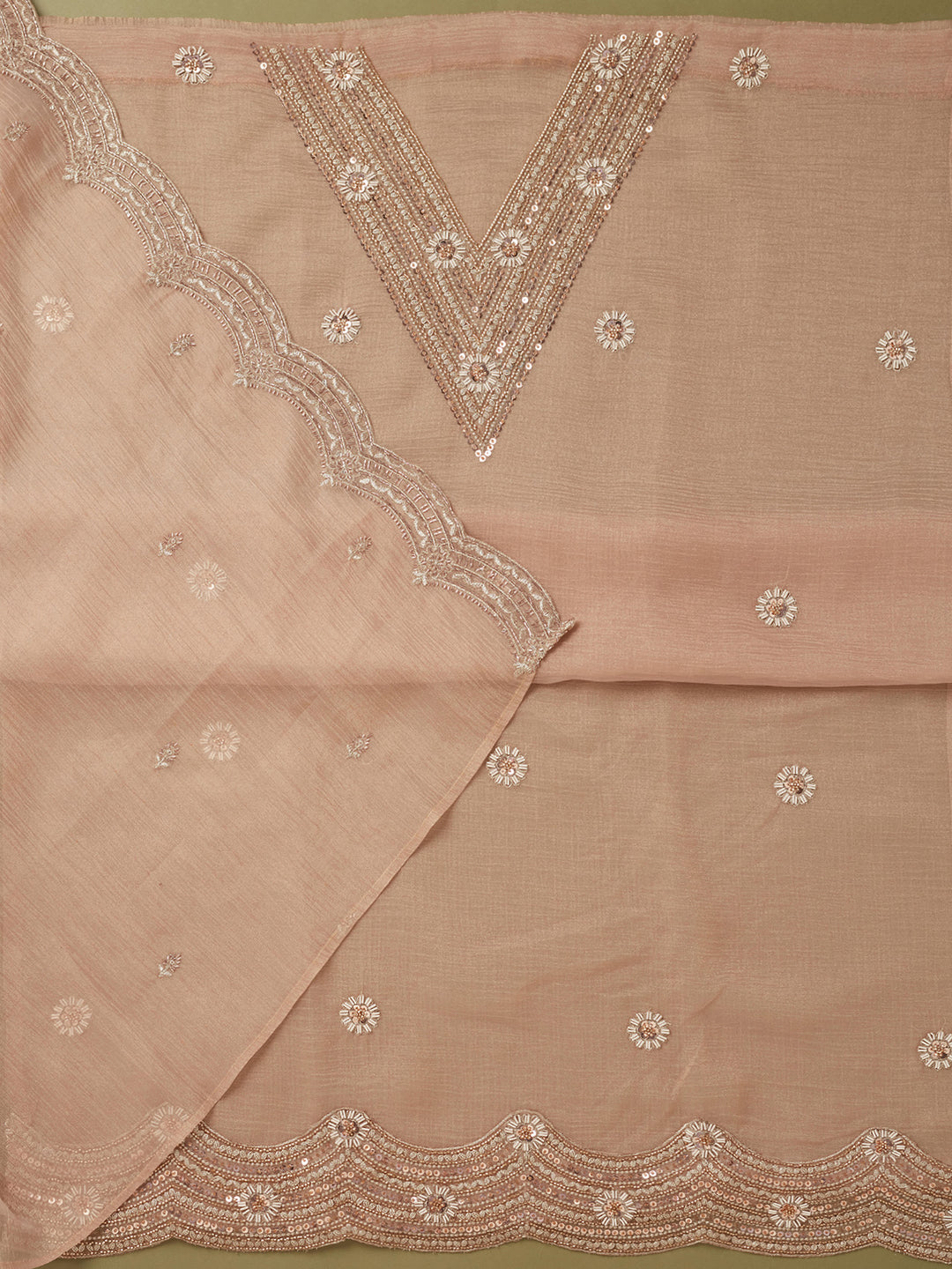 Peach Tissue Cutdana Unstitched Dress Material With Matching Bottom And Dupatta