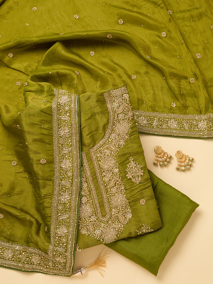 Mehendi Green Dola Silk Cutdana Unstitched Dress Material With Matching Bottom And Dupatta