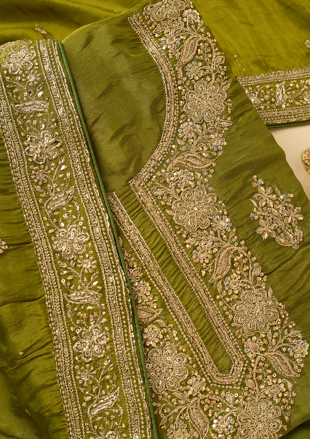 Mehendi Green Dola Silk Cutdana Unstitched Dress Material With Matching Bottom And Dupatta