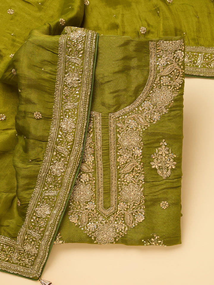 Mehendi Green Dola Silk Cutdana Unstitched Dress Material With Matching Bottom And Dupatta