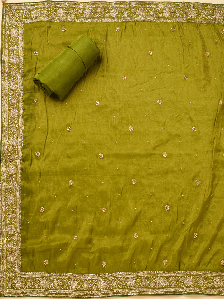 Mehendi Green Dola Silk Cutdana Unstitched Dress Material With Matching Bottom And Dupatta