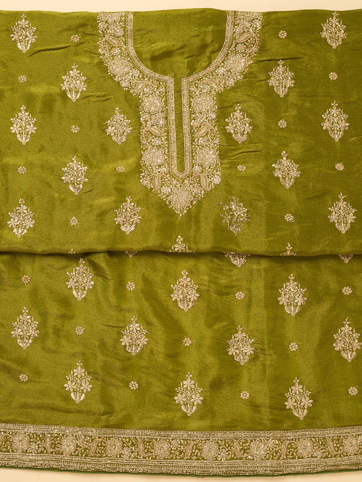 Mehendi Green Dola Silk Cutdana Unstitched Dress Material With Matching Bottom And Dupatta