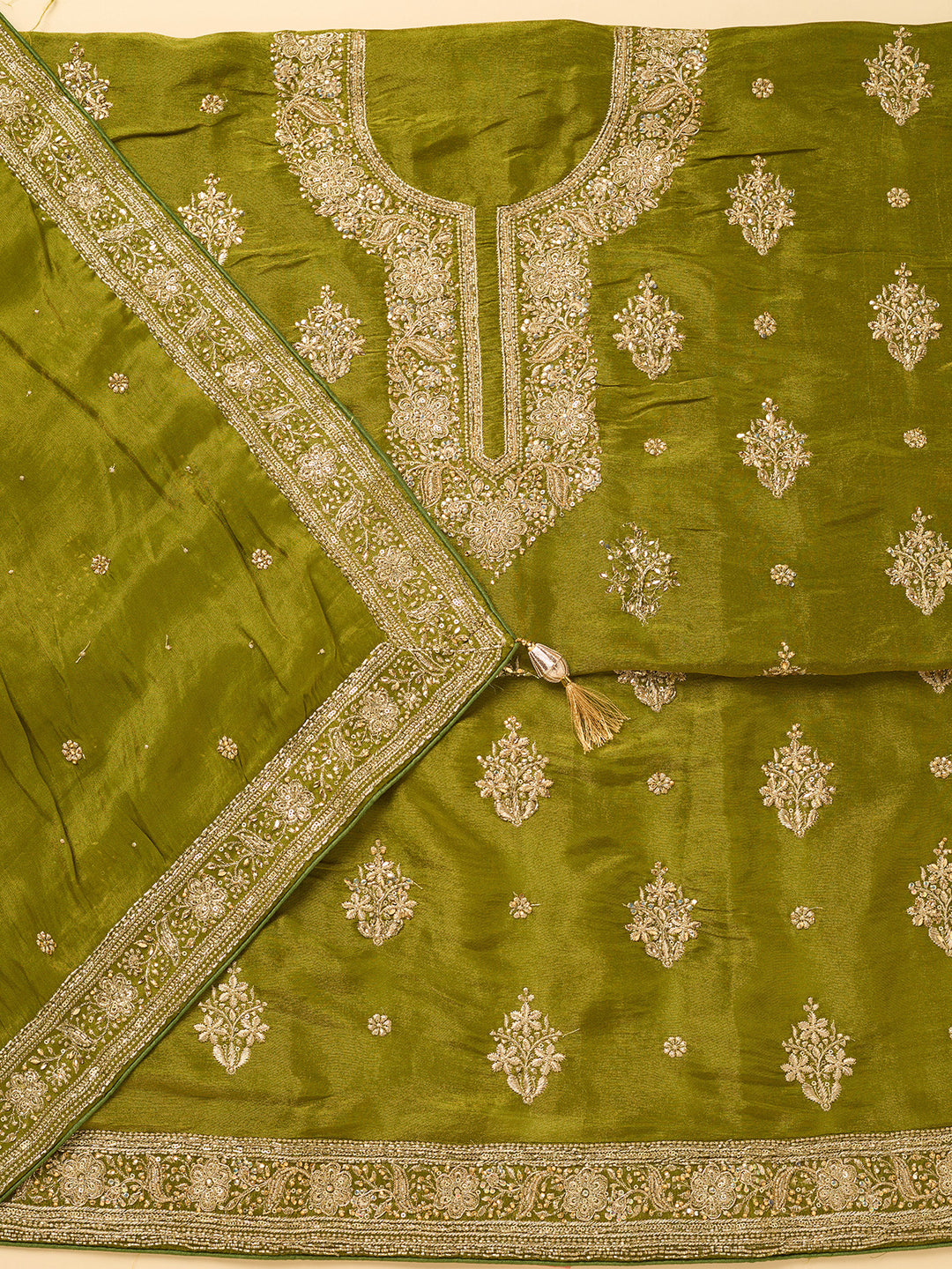 Mehendi Green Dola Silk Cutdana Unstitched Dress Material With Matching Bottom And Dupatta
