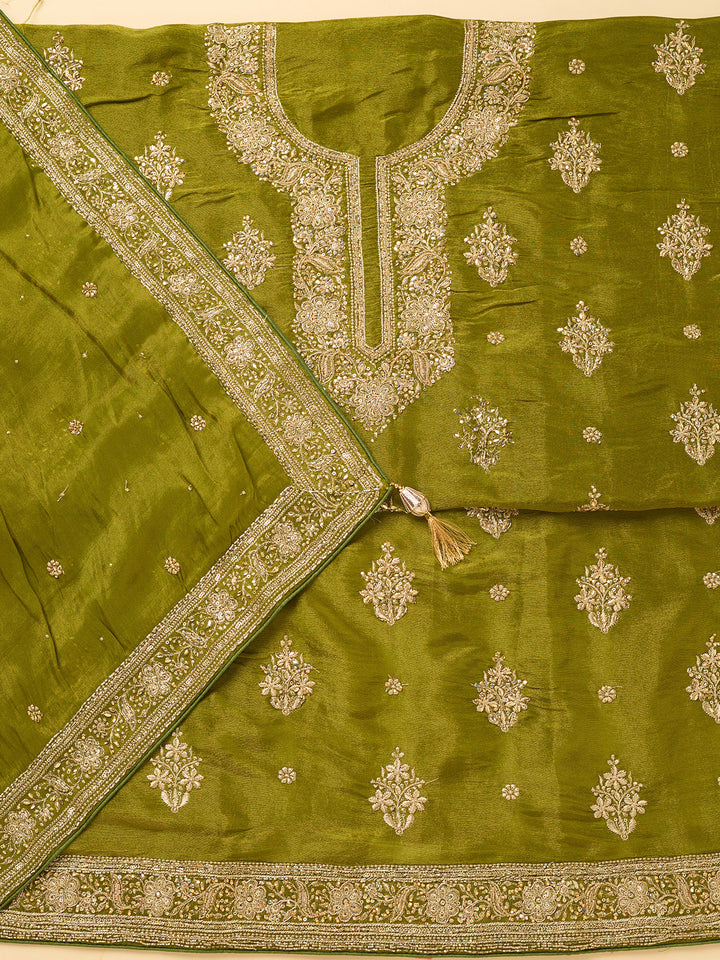 Mehendi Green Dola Silk Cutdana Unstitched Dress Material With Matching Bottom And Dupatta