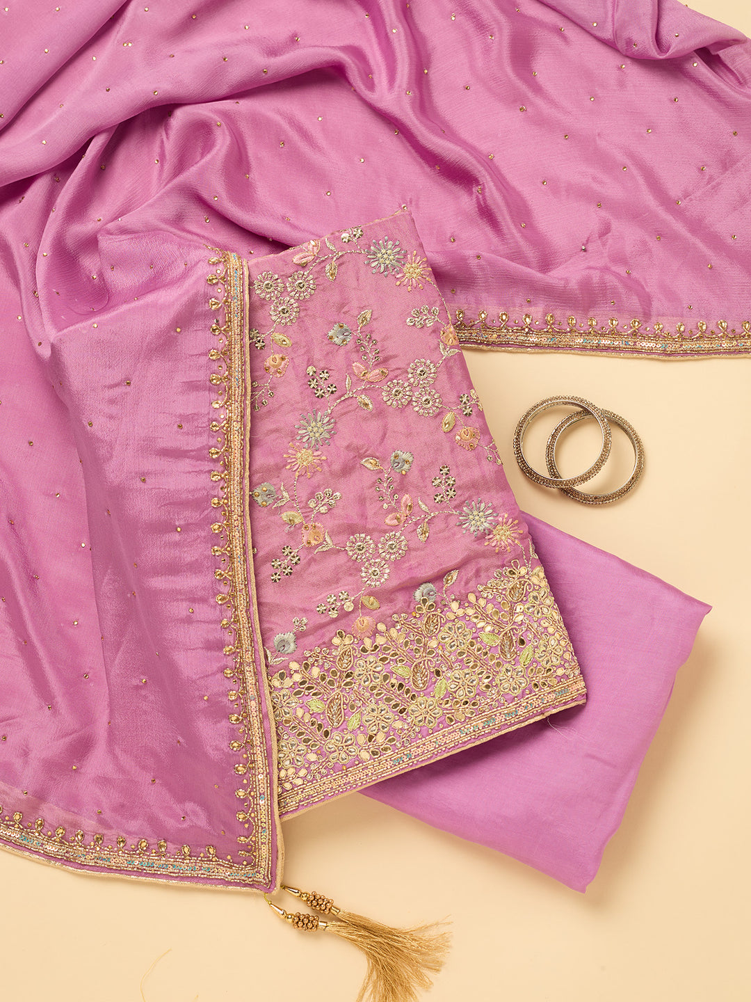Light Lavender Dola Silk Cutdana Unstitched Dress Material With Matching Bottom And Dupatta