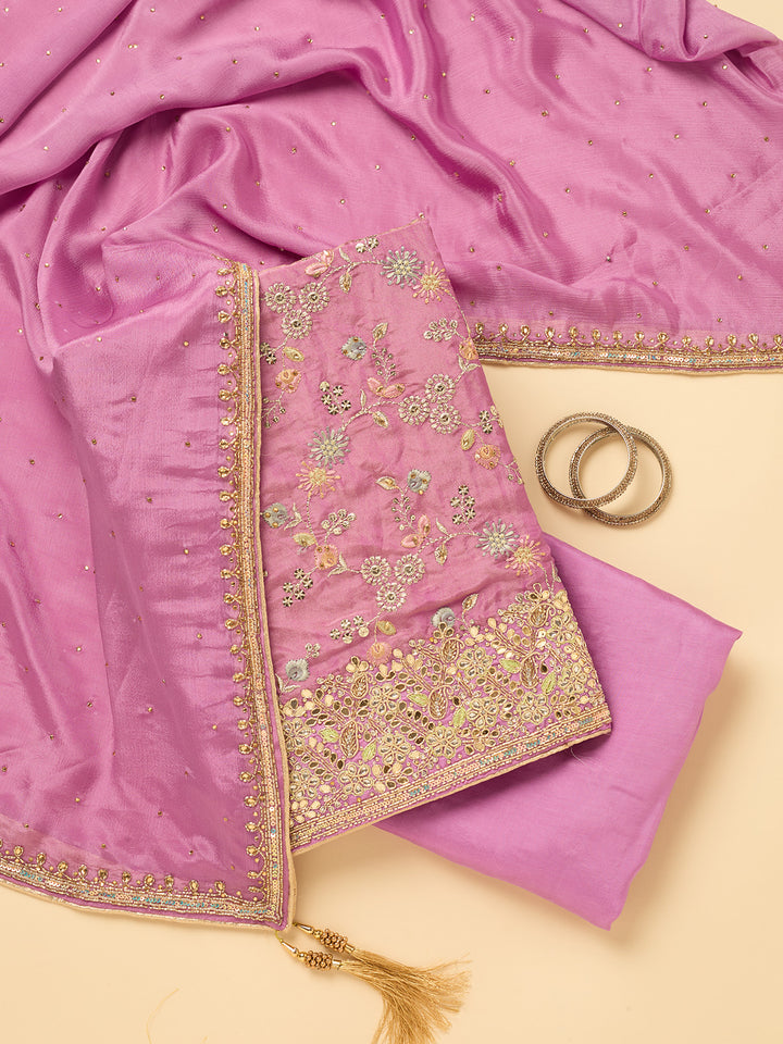 Light Lavender Dola Silk Cutdana Unstitched Dress Material With Matching Bottom And Dupatta