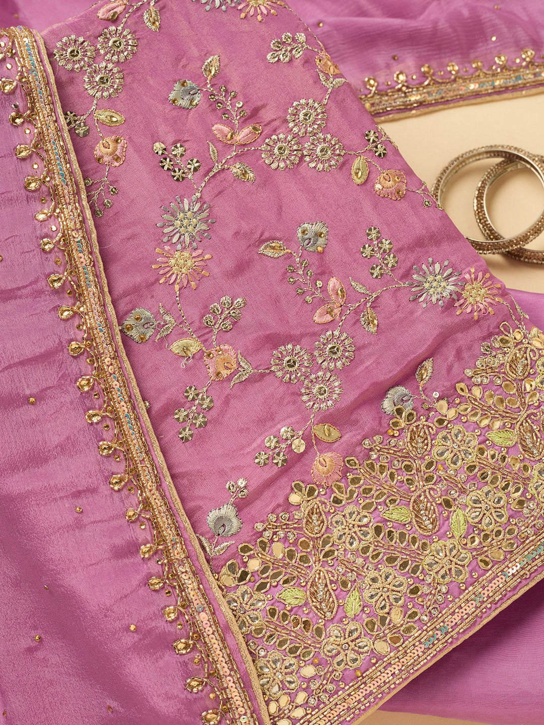 Light Lavender Dola Silk Cutdana Unstitched Dress Material With Matching Bottom And Dupatta