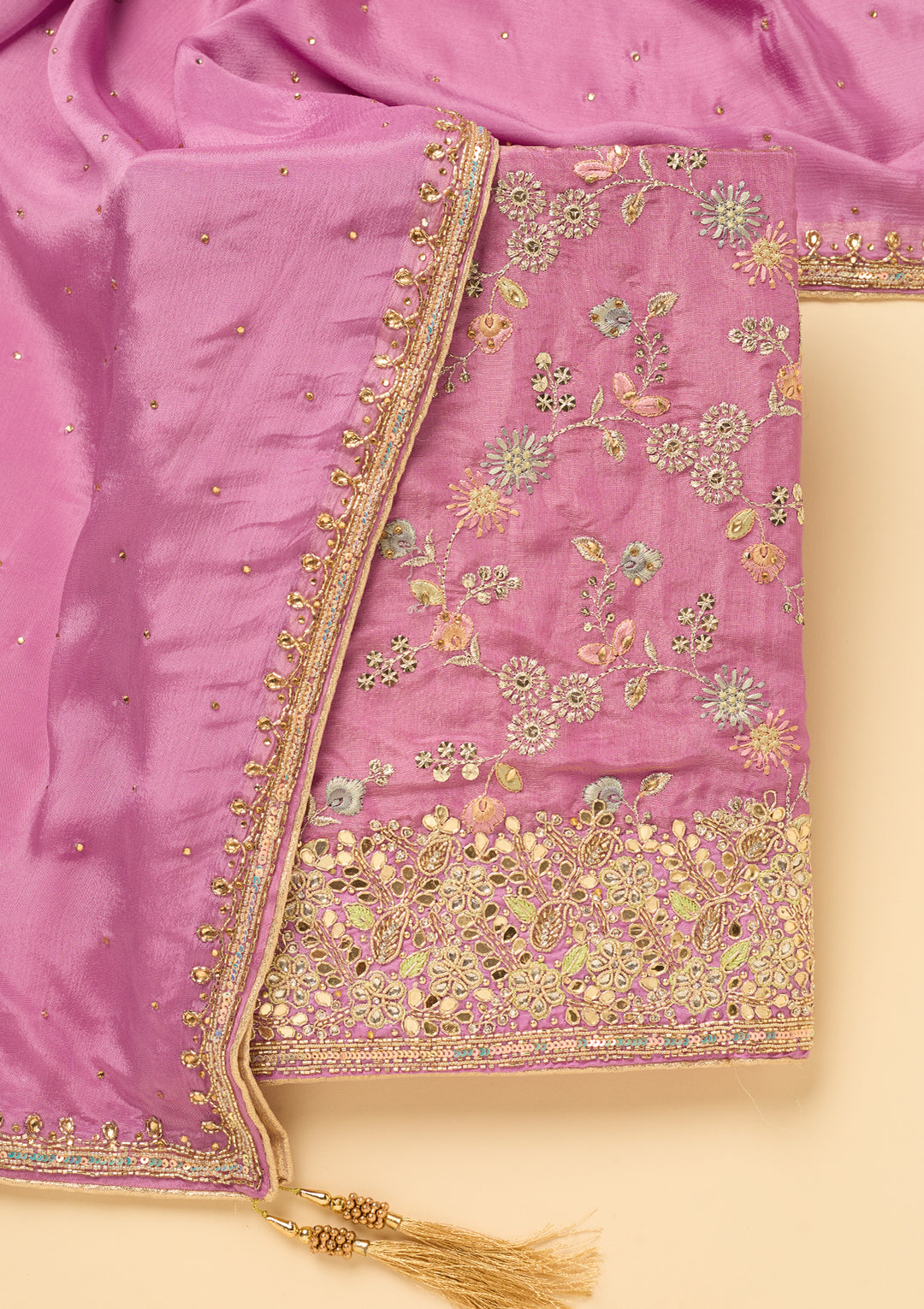 Light Lavender Dola Silk Cutdana Unstitched Dress Material With Matching Bottom And Dupatta