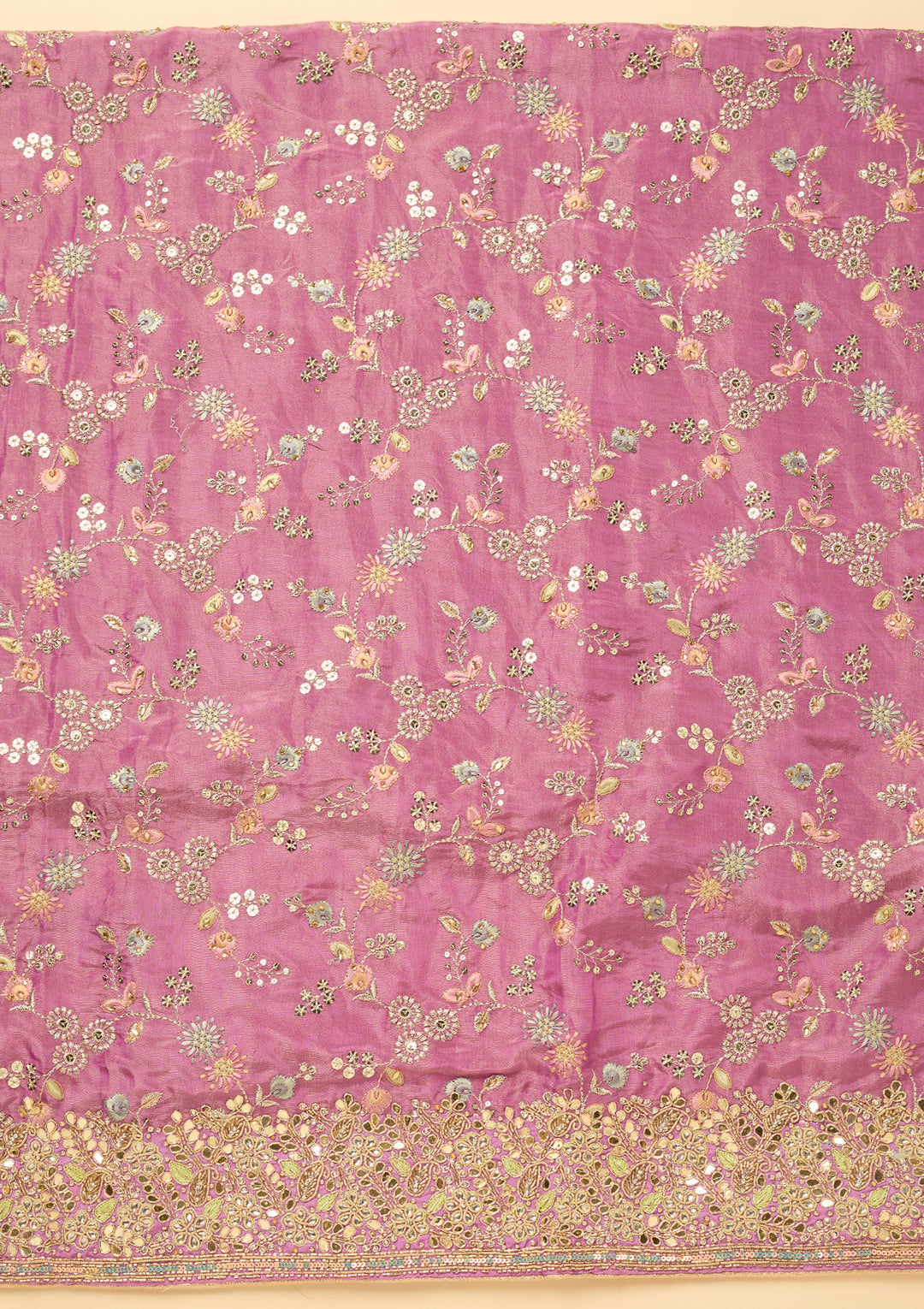 Light Lavender Dola Silk Cutdana Unstitched Dress Material With Matching Bottom And Dupatta