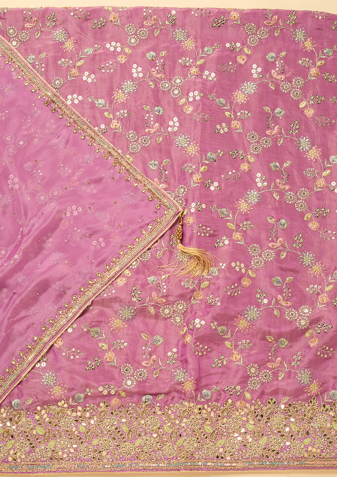 Light Lavender Dola Silk Cutdana Unstitched Dress Material With Matching Bottom And Dupatta