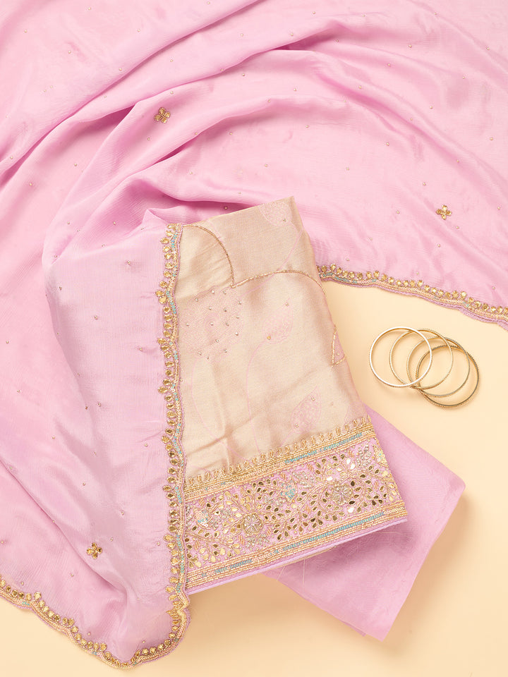 Light Lavender Dola Silk Cutdana Unstitched Dress Material With Matching Bottom And Dupatta