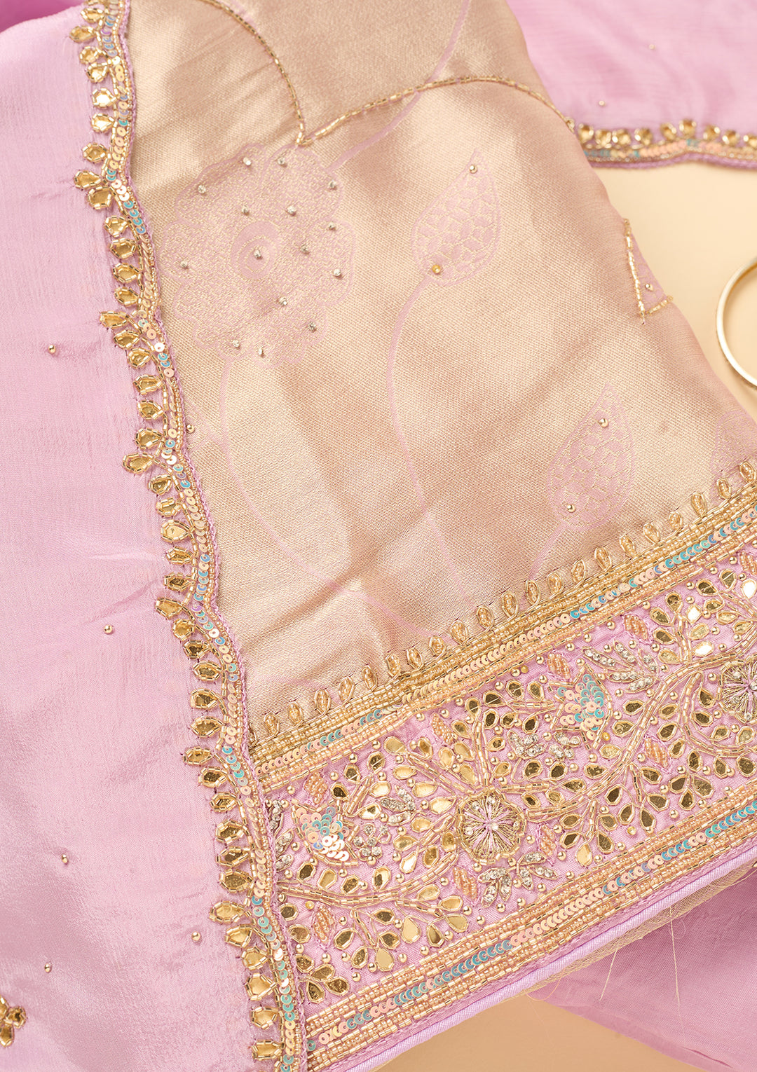 Light Lavender Dola Silk Cutdana Unstitched Dress Material With Matching Bottom And Dupatta