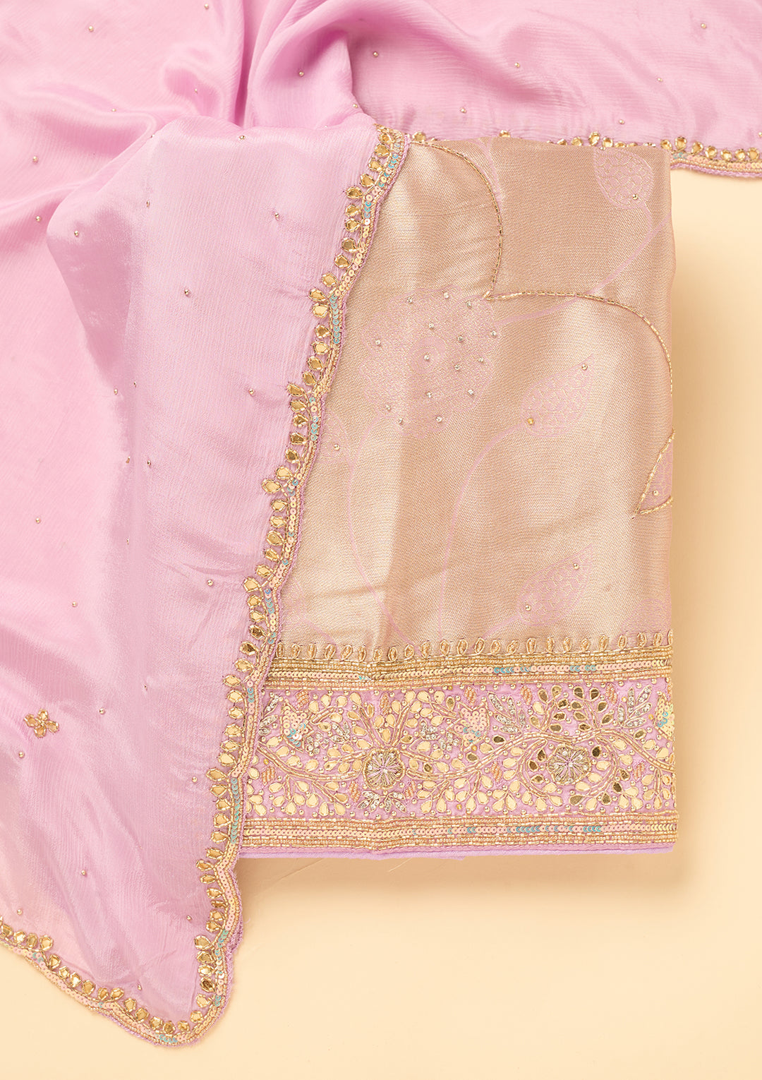 Light Lavender Dola Silk Cutdana Unstitched Dress Material With Matching Bottom And Dupatta