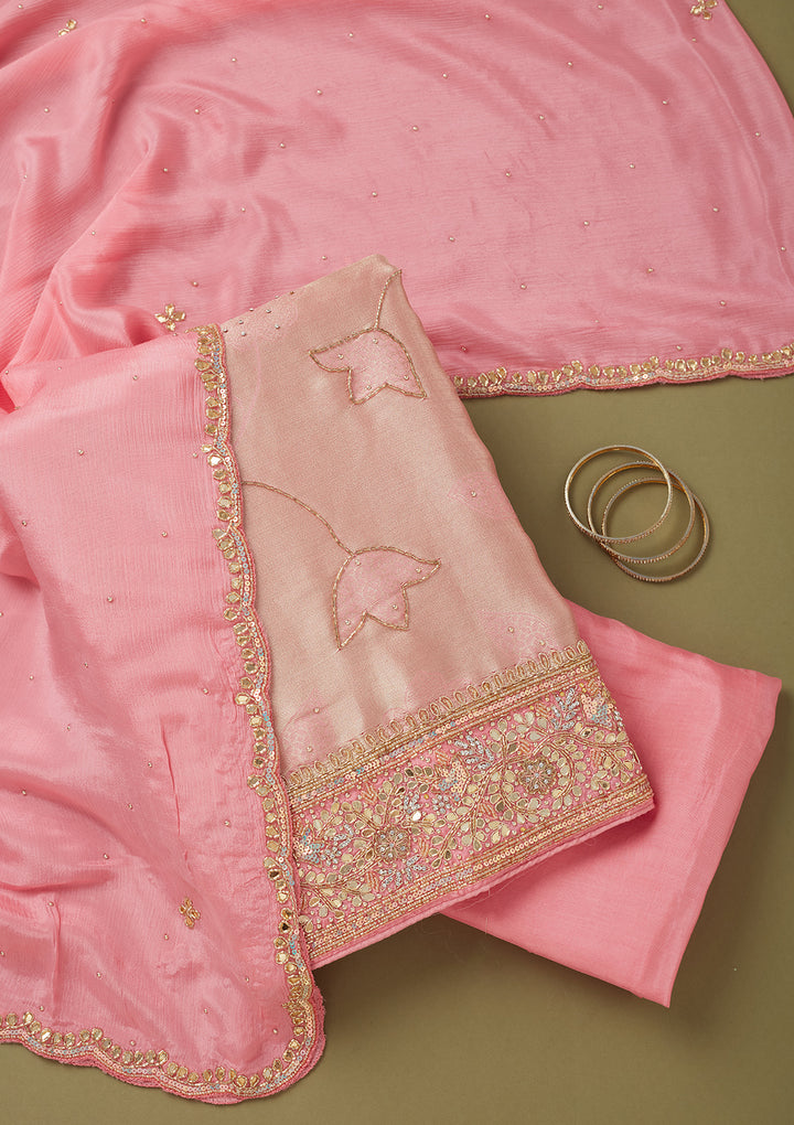 Pink Dola Silk Cutdana Unstitched Dress Material With Matching Bottom And Dupatta